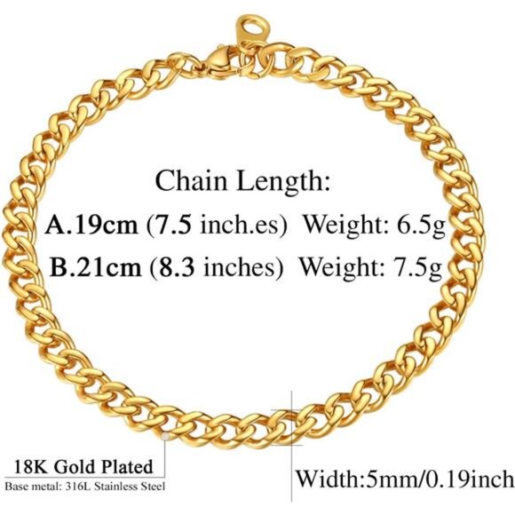 18K Gold Plated Stainless Steel Chain Bracelet  Men/Women Chunky Link 5mm Width - Picture 3 of 4